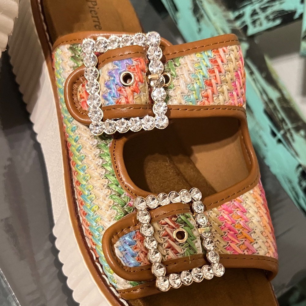 Pierre Dumas Multicolor Woven Slide Sandals with Rhinestone Buckles - Picture 3 of 6